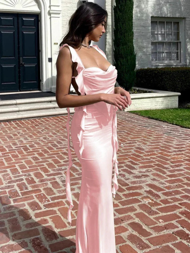 Vestido largo mujer con cuello tipo cascada espalda abierta con lazos