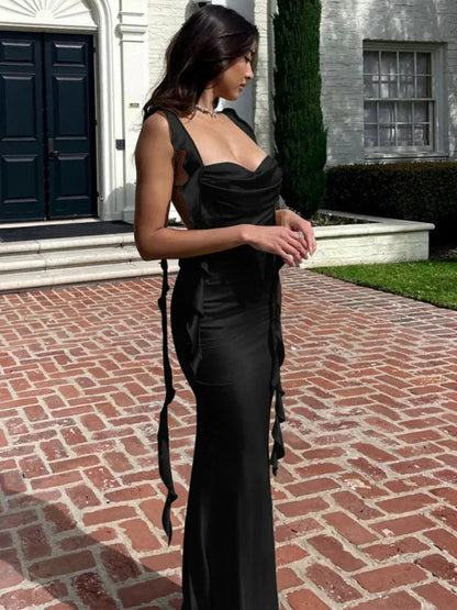 Vestido largo mujer con cuello tipo cascada espalda abierta con lazos