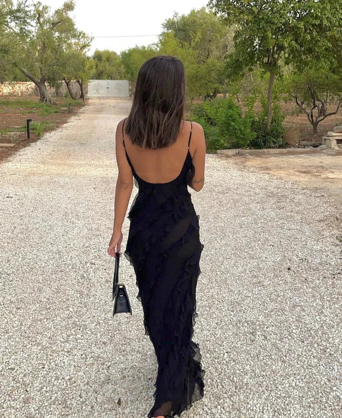 Vestido largo de fiesta mujer con volantes y tirantes finos