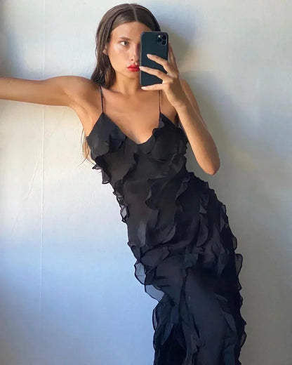 Vestido largo de fiesta mujer con volantes y tirantes finos