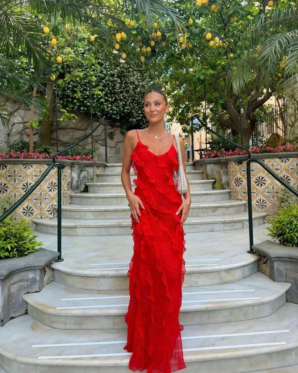 Vestido largo de fiesta mujer con volantes y tirantes finos