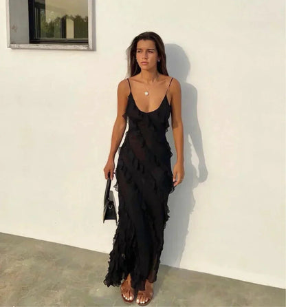 Vestido largo de fiesta mujer con volantes y tirantes finos