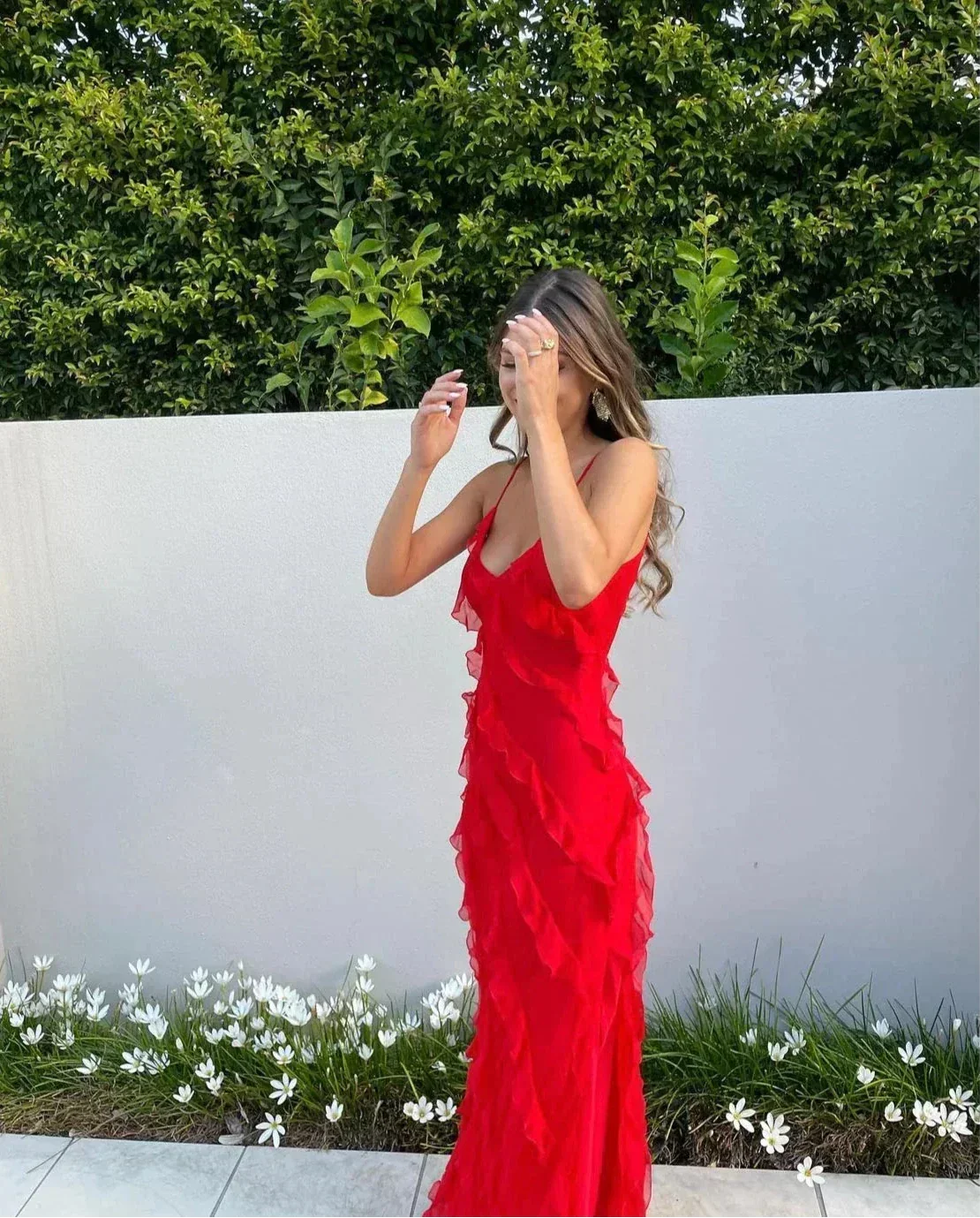 Vestido largo de fiesta mujer con volantes y tirantes finos