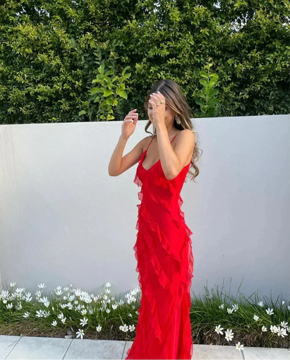 Vestido largo de fiesta mujer con volantes y tirantes finos