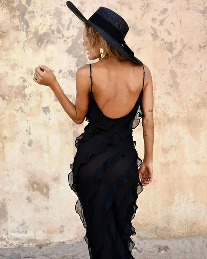 Vestido largo de fiesta mujer con volantes y tirantes finos