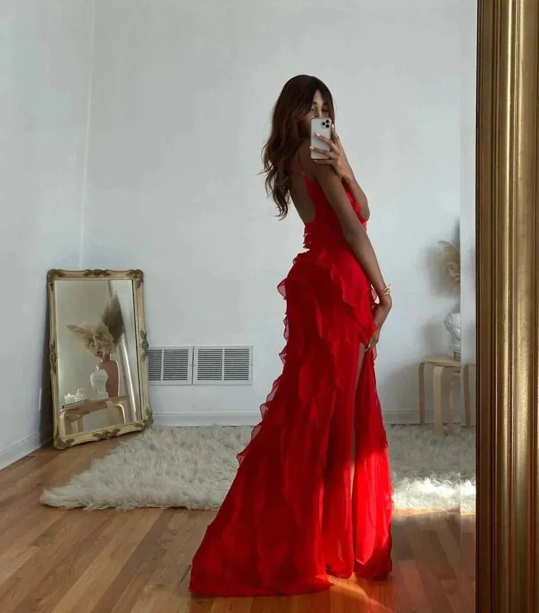 Vestido largo de fiesta mujer con volantes y tirantes finos