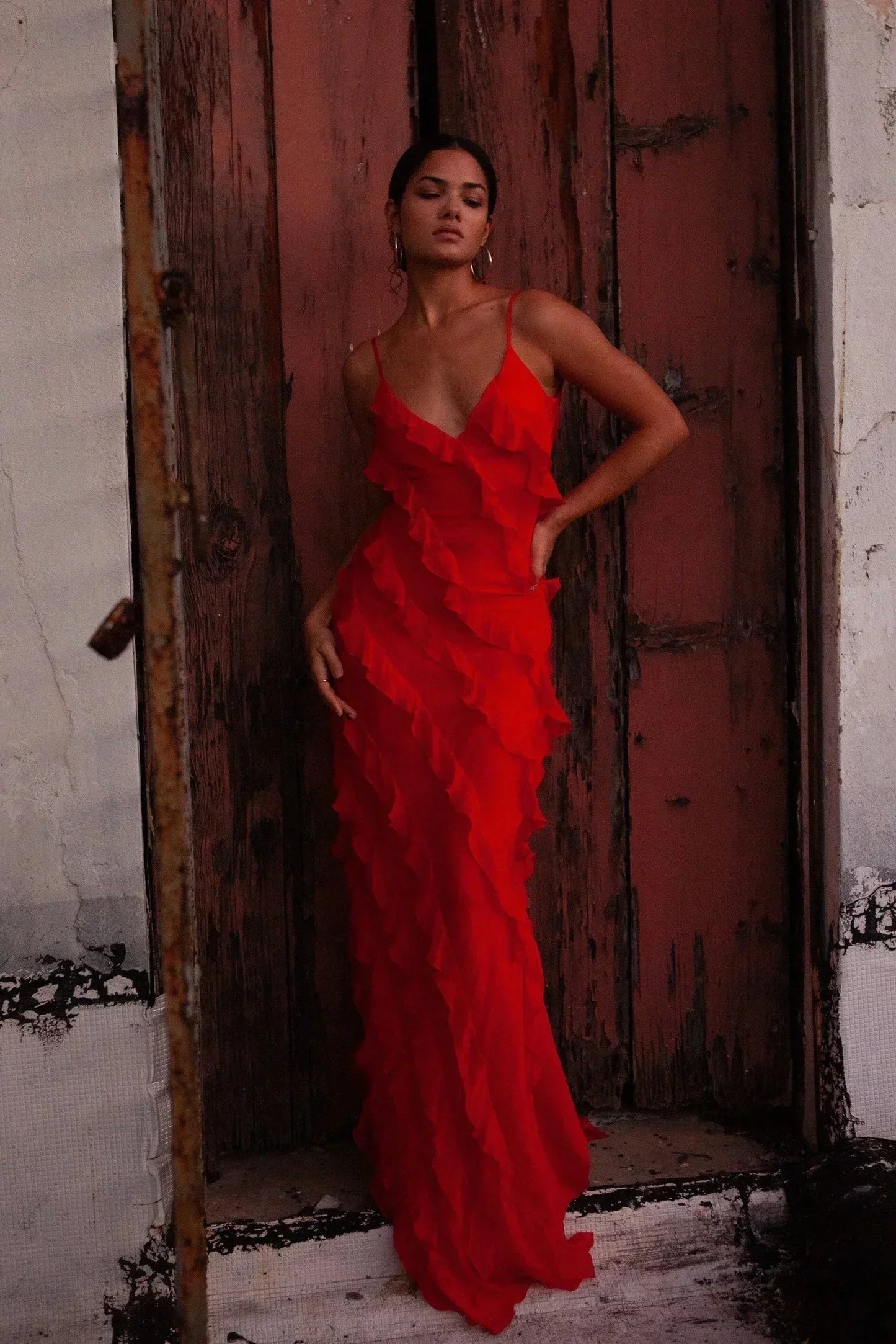 Vestido largo de fiesta mujer con volantes y tirantes finos