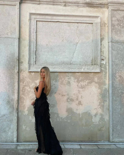 Vestido largo de fiesta mujer con volantes y tirantes finos