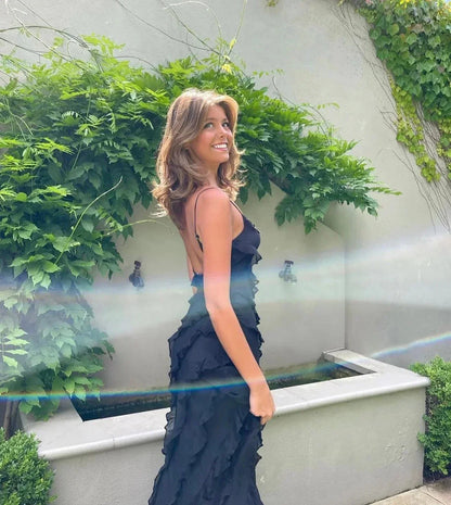 Vestido largo de fiesta mujer con volantes y tirantes finos
