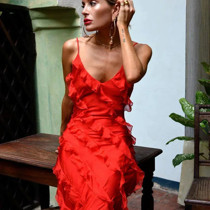 Vestido largo de fiesta mujer con volantes y tirantes finos