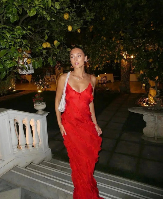 Vestido largo de fiesta mujer con volantes y tirantes finos