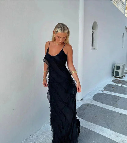 Vestido largo de fiesta mujer con volantes y tirantes finos