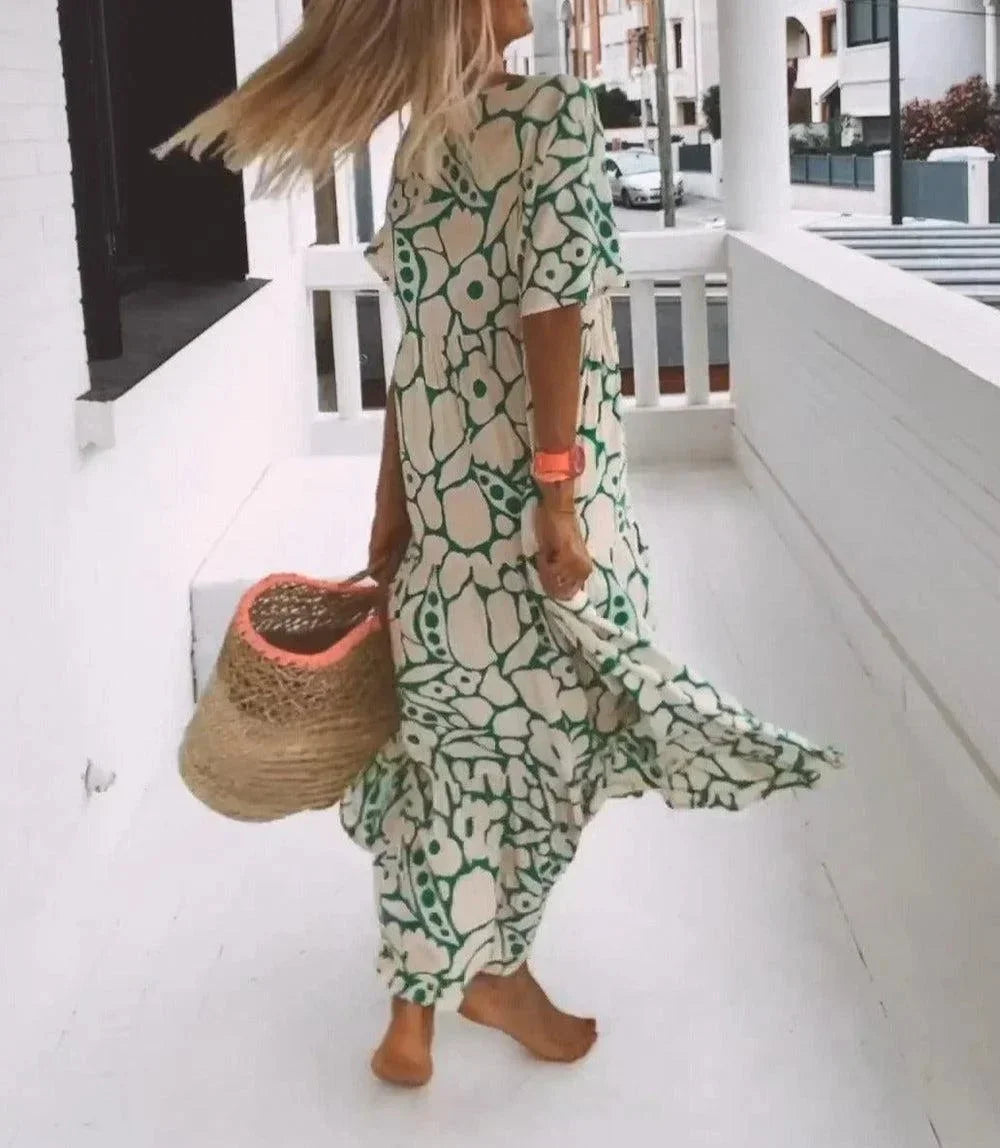 Vestido largo verano mujer con escote en V, mangas cortas y estampado floral