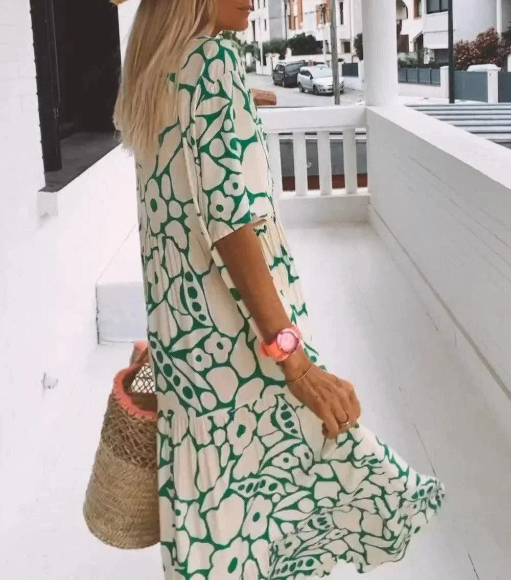 Vestido largo verano mujer con escote en V, mangas cortas y estampado floral