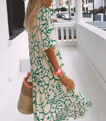 Vestido largo verano mujer con escote en V, mangas cortas y estampado floral