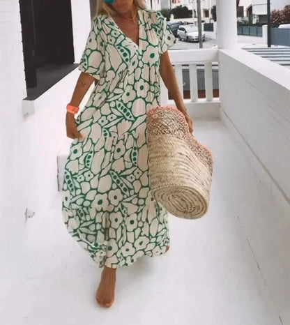 Vestido largo verano mujer con escote en V, mangas cortas y estampado floral