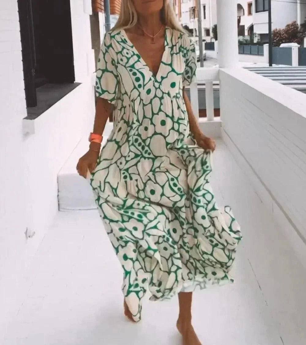 Vestido largo verano mujer con escote en V, mangas cortas y estampado floral