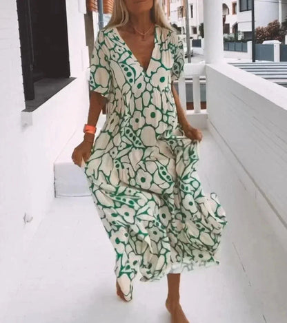 Vestido largo verano mujer con escote en V, mangas cortas y estampado floral