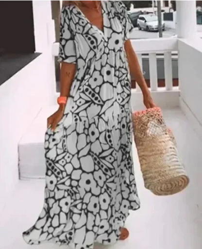 Vestido largo verano mujer con escote en V, mangas cortas y estampado floral