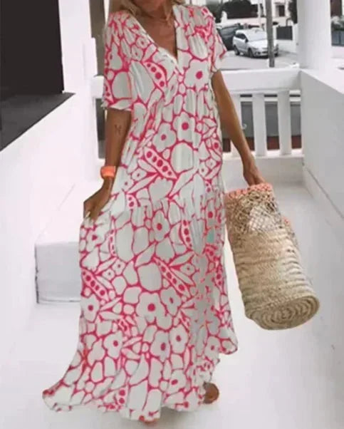 Vestido largo verano mujer con escote en V, mangas cortas y estampado floral