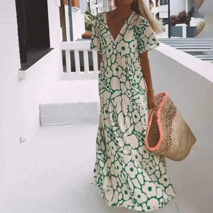 Vestido largo verano mujer con escote en V, mangas cortas y estampado floral