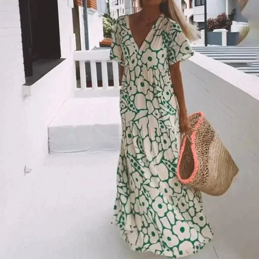 Vestido largo verano mujer con escote en V, mangas cortas y estampado floral