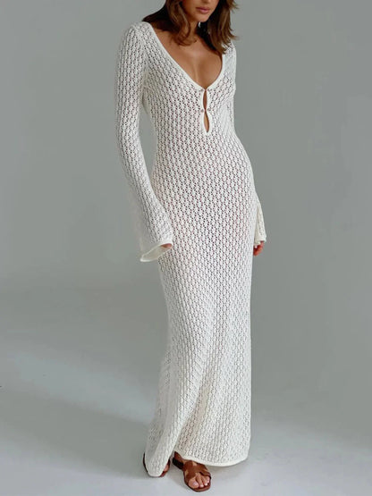 Vestido largo mujer de crochet con mangas largas caladas