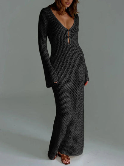 Vestido largo mujer de crochet con mangas largas caladas