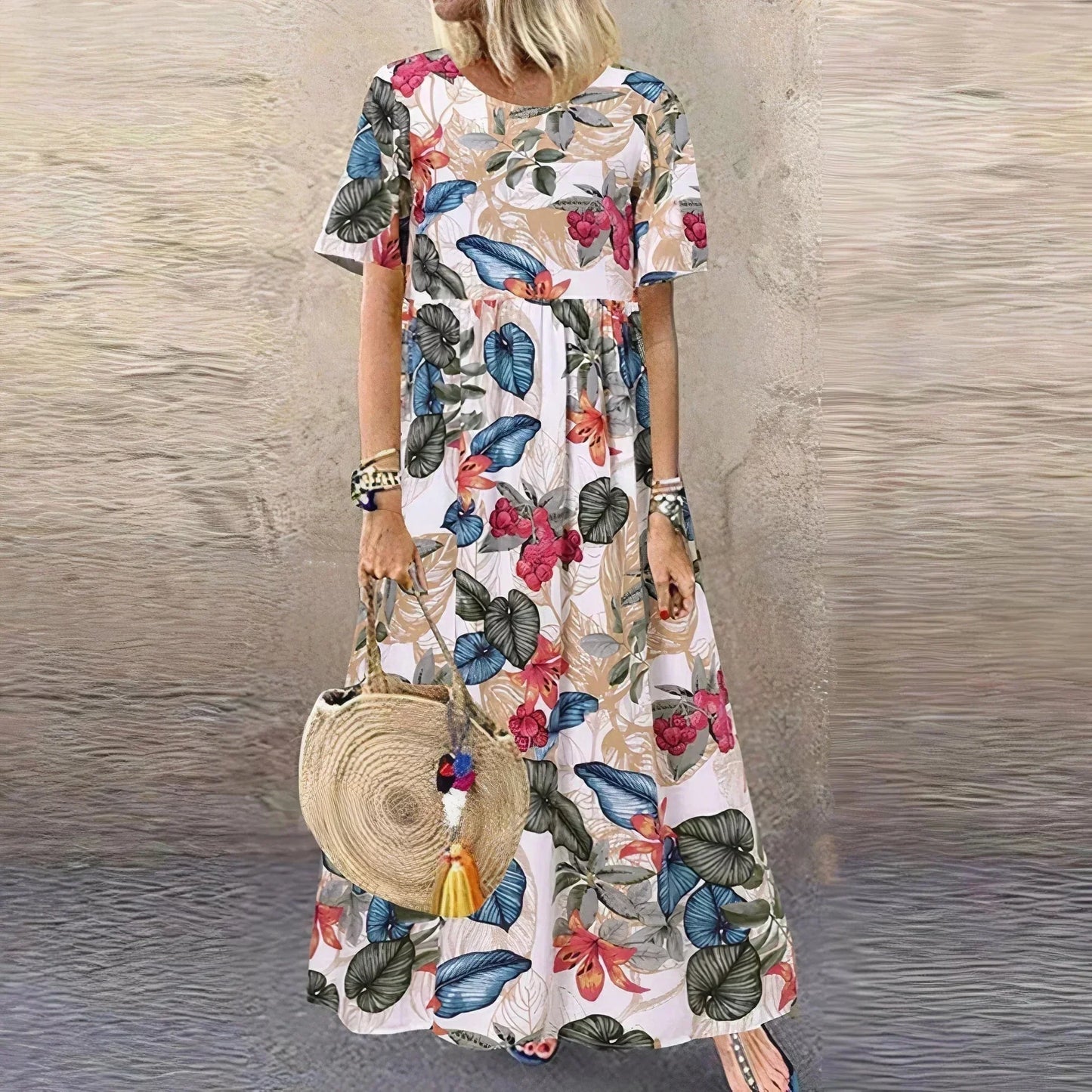 Vestido largo con volantes de estampado botánico y mangas cortas
