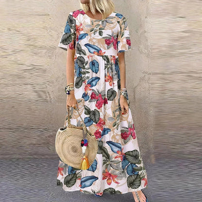 Vestido largo con volantes de estampado botánico y mangas cortas