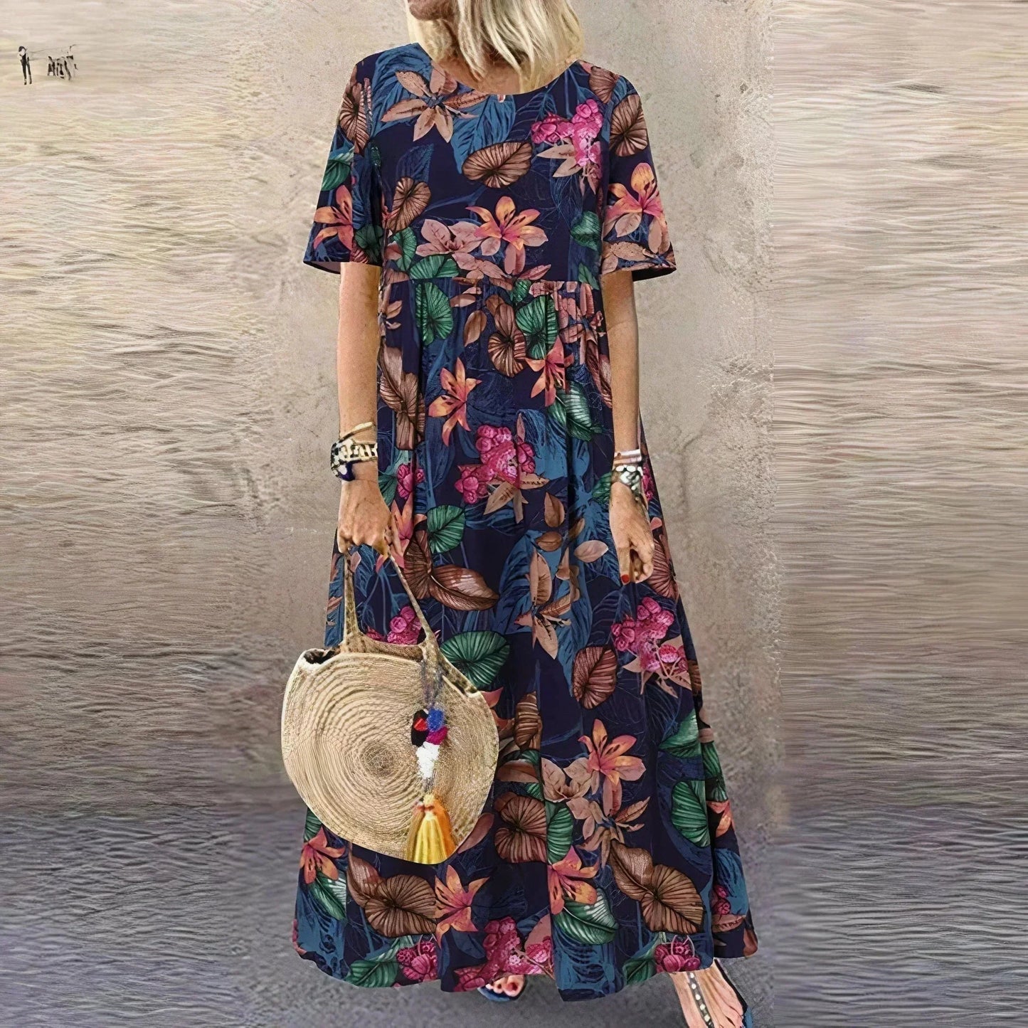 Vestido largo con volantes de estampado botánico y mangas cortas