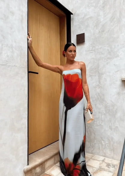 Vestido largo de mujer rojo y gris estampado con tirantes finos