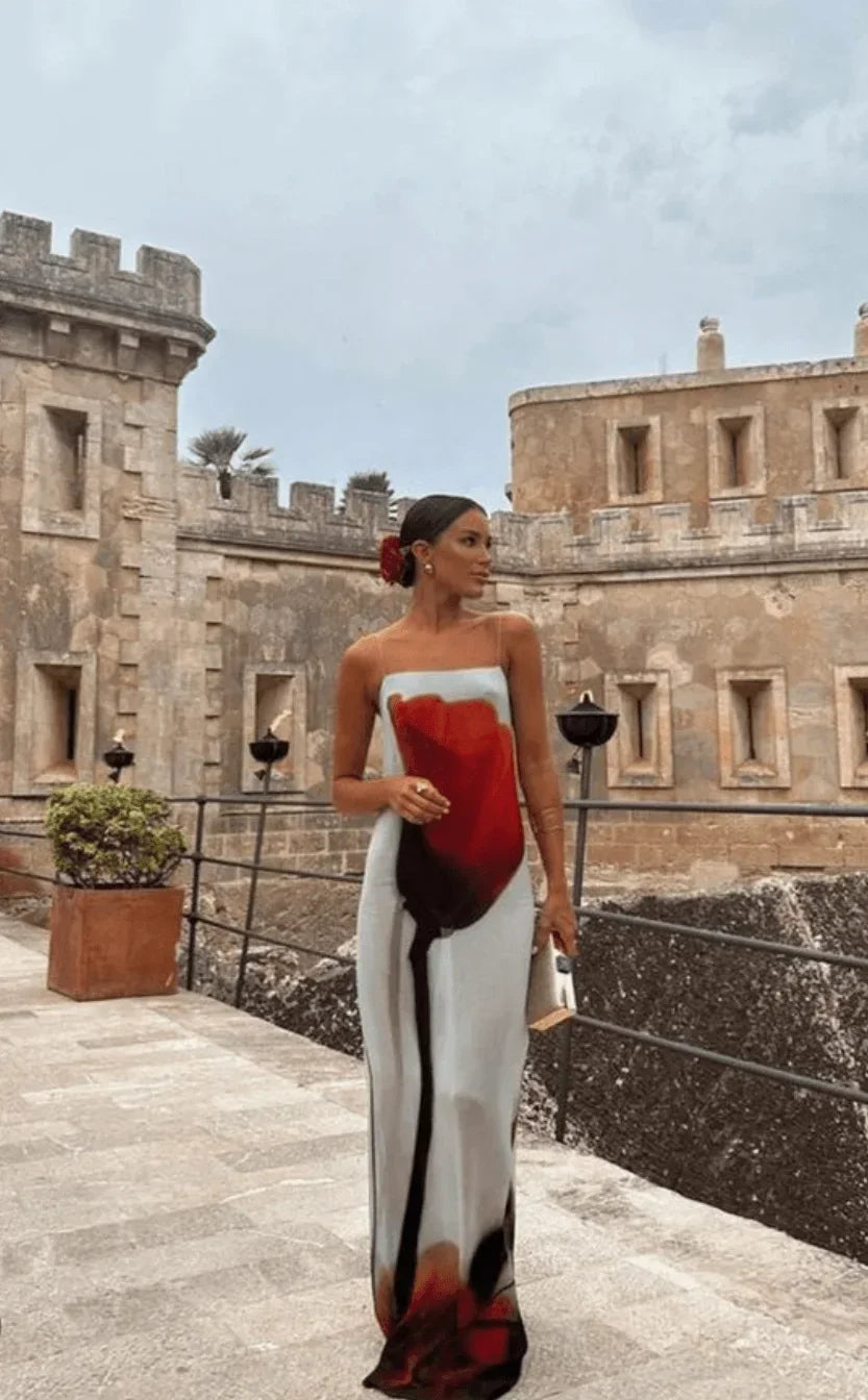 Vestido largo de mujer rojo y gris estampado con tirantes finos