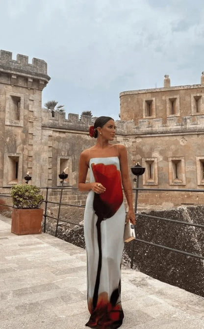 Vestido largo de mujer rojo y gris estampado con tirantes finos