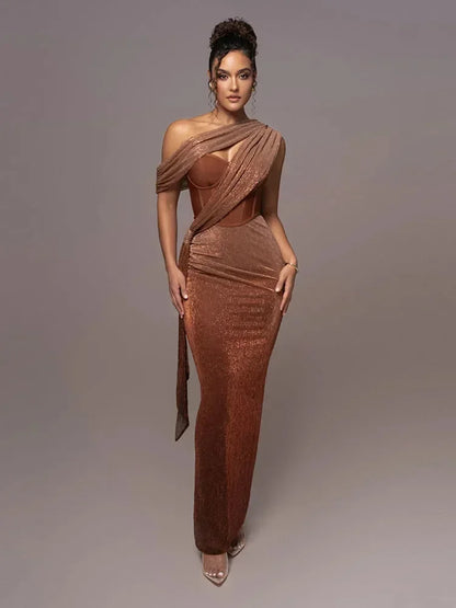 Vestido largo de noche asimétrico brillante con tirante