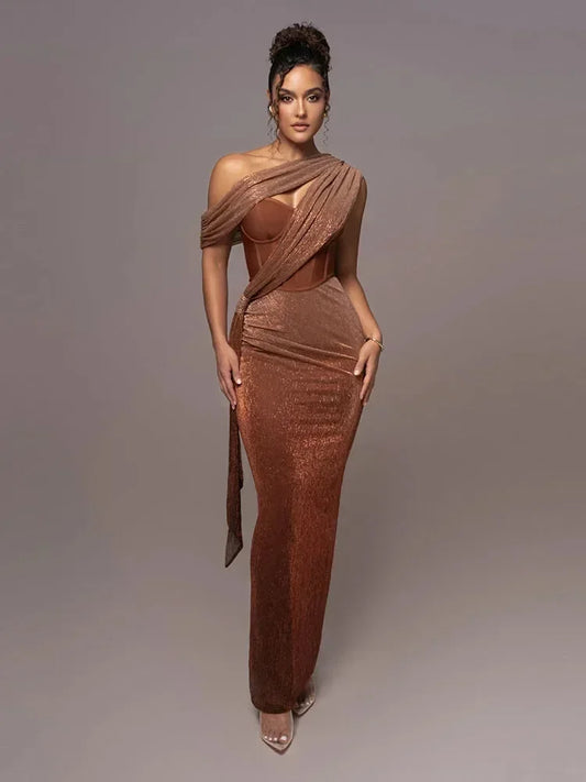 Vestido largo de noche asimétrico brillante con tirante