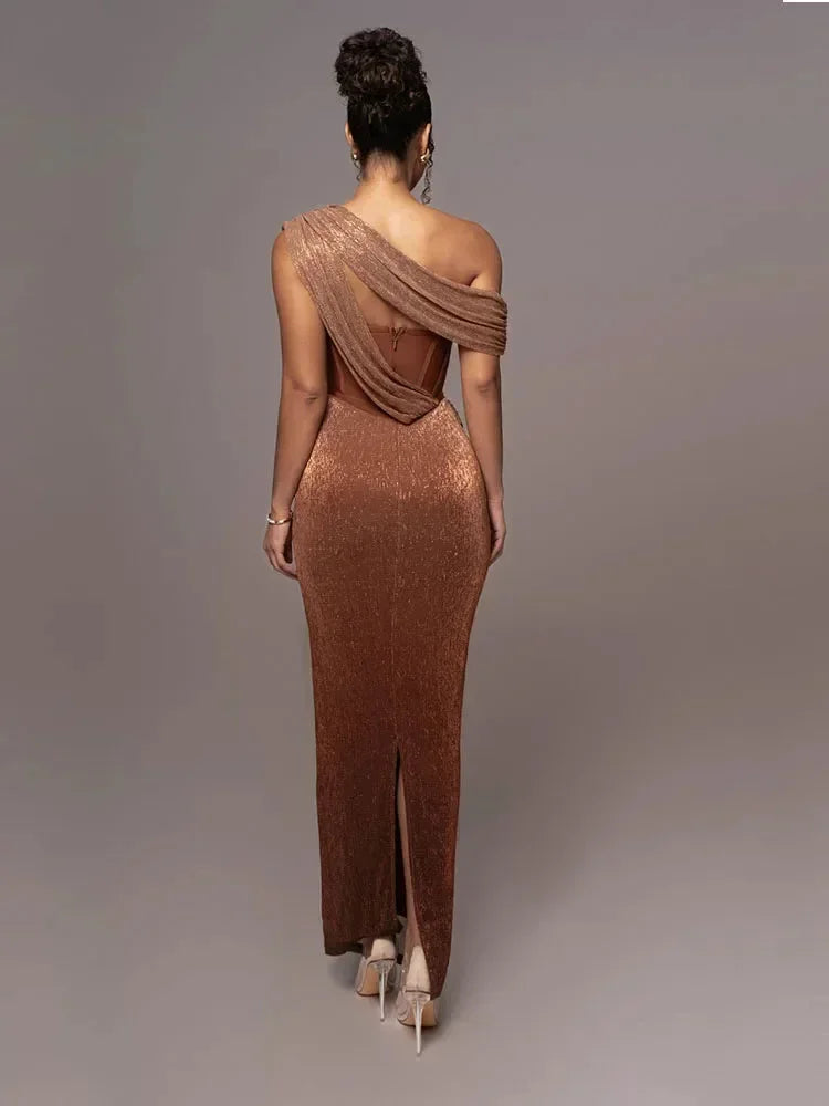 Vestido largo de noche asimétrico brillante con tirante