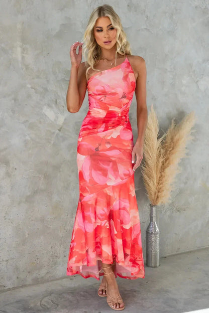 Vestido largo de mujer asimétrico sin tirantes con estampado floral
