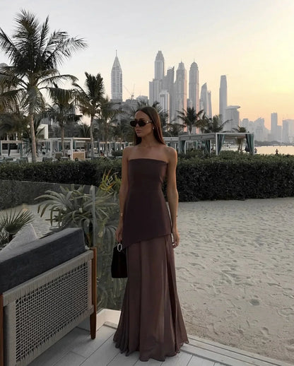 Vestido largo mujer sin mangas con abertura y palabra de honor