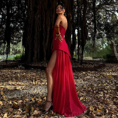 Vestido largo mujer sin mangas con abertura y palabra de honor