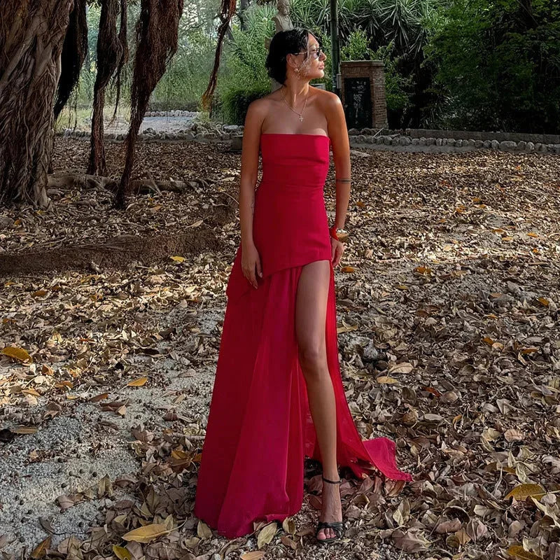 Vestido largo mujer sin mangas con abertura y palabra de honor