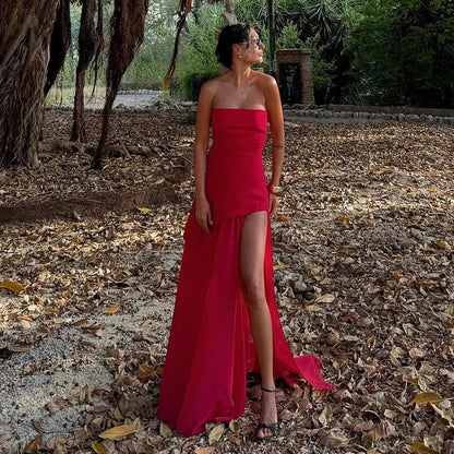 Vestido largo mujer sin mangas con abertura y palabra de honor