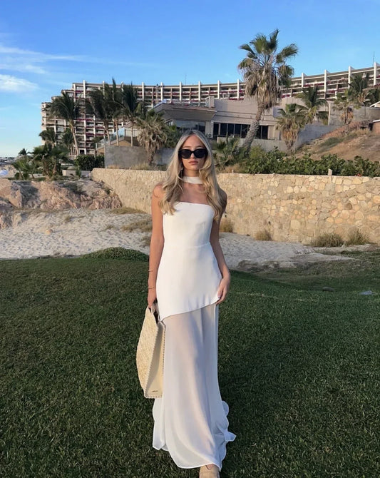 Vestido largo mujer sin mangas con abertura y palabra de honor