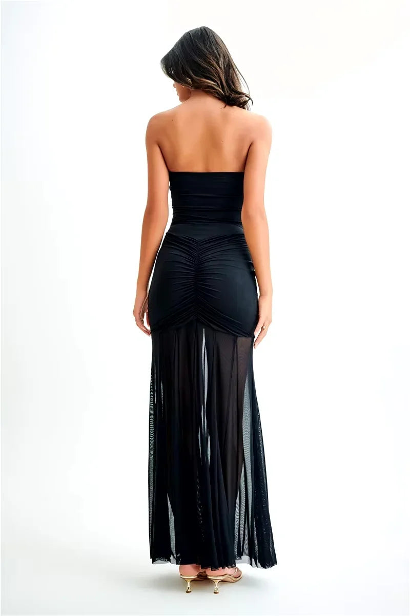 Vestido largo bardot manga corta y fruncido para fiesta