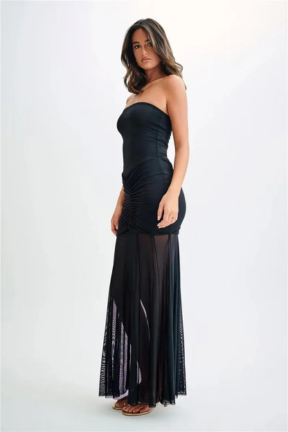 Vestido largo bardot manga corta y fruncido para fiesta