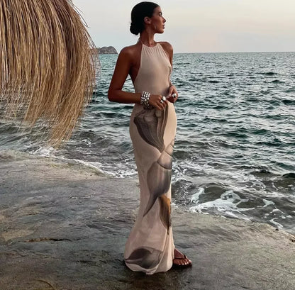 Vestido largo mujer sin mangas beige con estampado de conchas