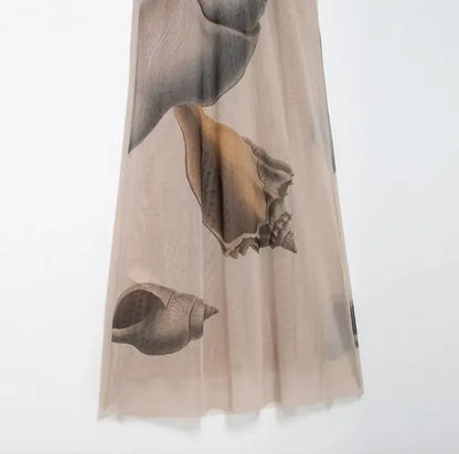 Vestido largo mujer sin mangas beige con estampado de conchas