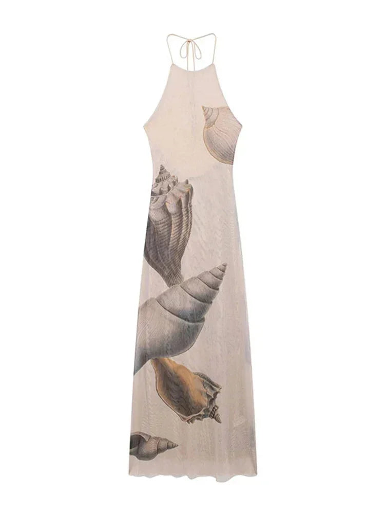 Vestido largo mujer sin mangas beige con estampado de conchas