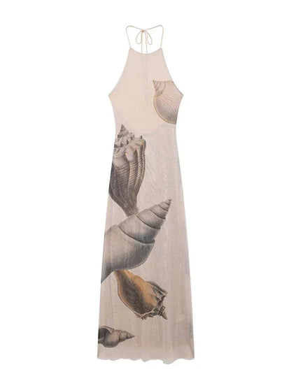 Vestido largo mujer sin mangas beige con estampado de conchas