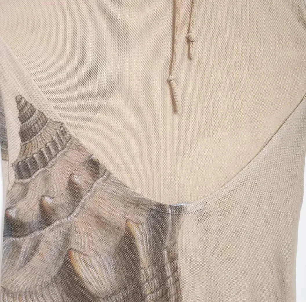 Vestido largo mujer sin mangas beige con estampado de conchas